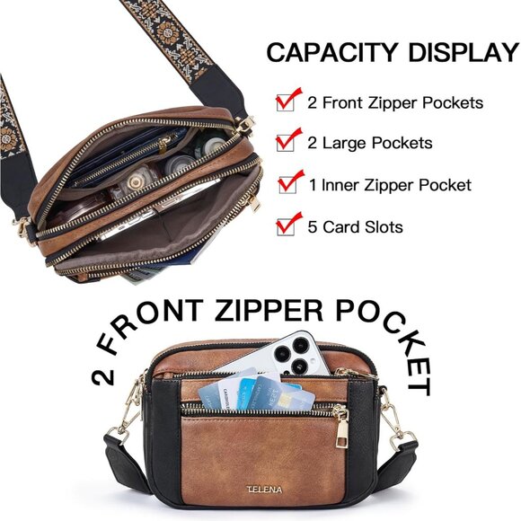 Telena Women Black Brown Vegan Leather Shoulder Handbags With Adjustable Strap - Picture 3 of 7